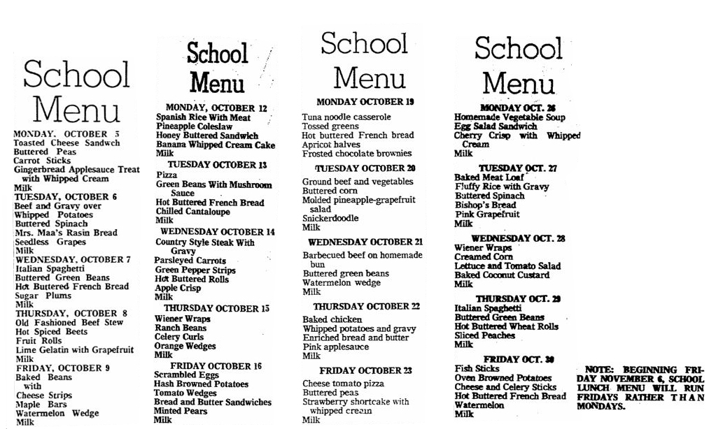 school lunch menu 1964